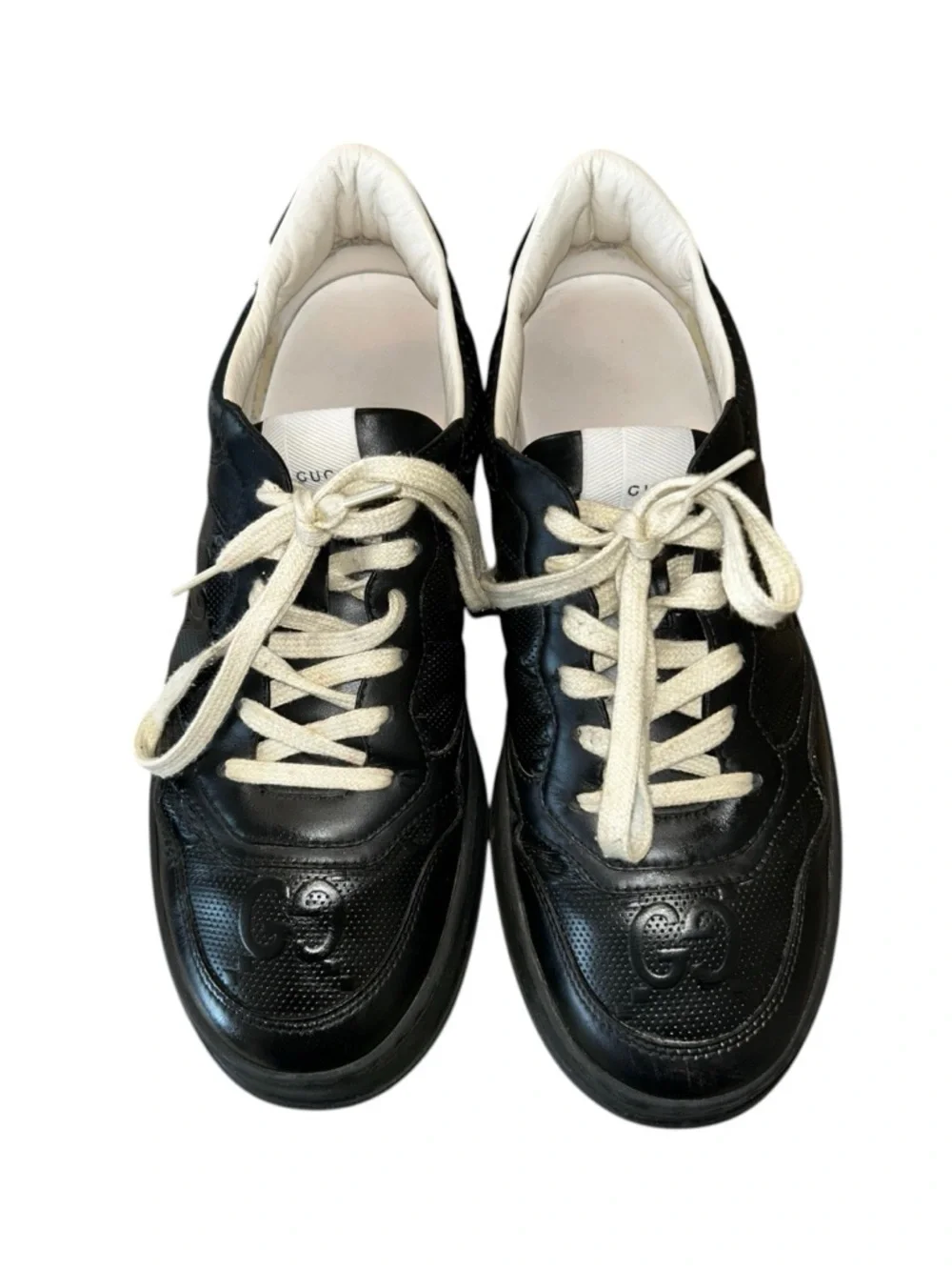 Gucci Embossed Black Leather Chunky Sneakers with Cream Laces